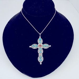 Sterling Silver, Turquoise & Coral Puebloan Cross Vintage Necklace